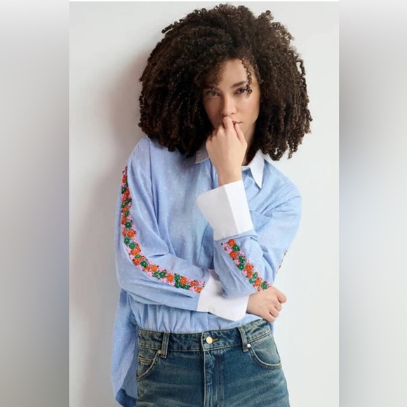 Essentiel Antwerp Tops - Essentiel Antwerp Harkle Blue Striped Shirt with Floral Embroidery Blouse XS